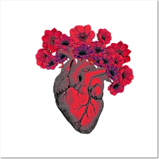 human heart color red with crow flowers blood red Posters and Art